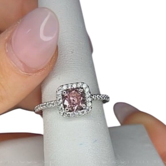 NEW White Gold Plated Pink Square Stone w/ Halo of Clear Crystal CZ Ring One-Sz - Picture 1 of 10